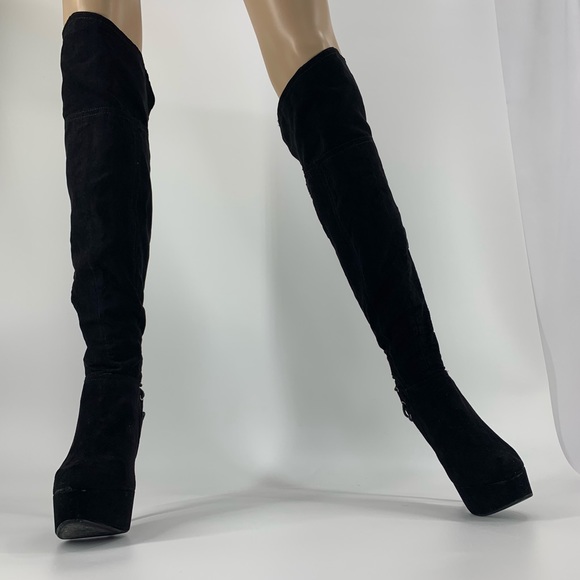 Anne Michelle Shoes - Anne Michelle Black Over the Knee Lace Up Boots